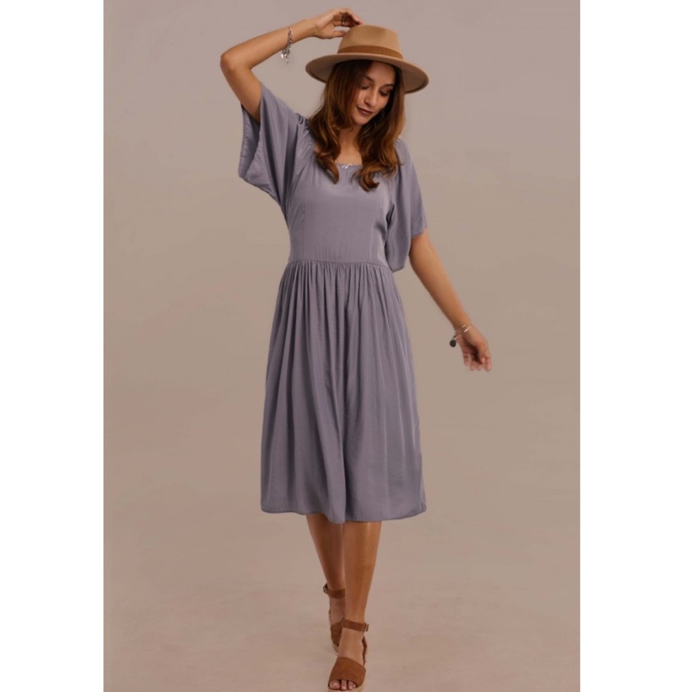 Petallush Half Sleeve Square Neck Tie Waist Summer Midi Dress With Pocket - Picture 2 of 13